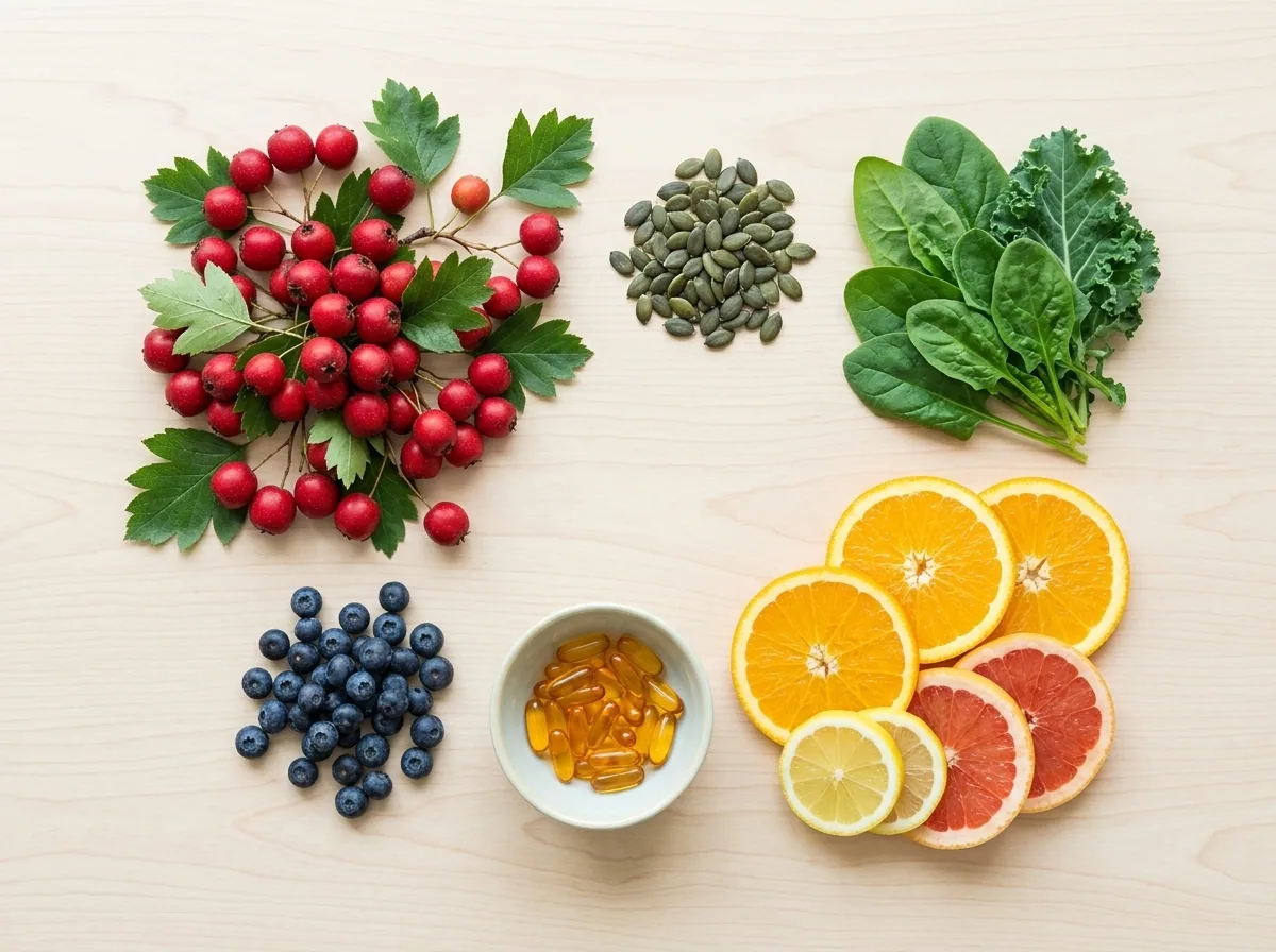 Fresh hawthorn berries, leafy greens, citrus and CoQ10 capsules - nutrients for healthy aging and everyday energy