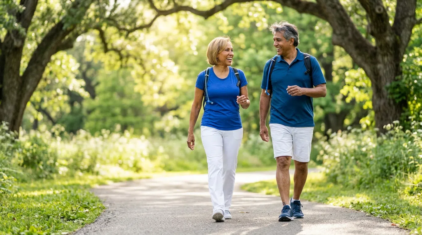 Active couple in their late fifties walking in a sunny park, an example of nutrients for healthy aging and everyday energy